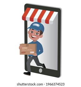 Online shopping concept. Delivery staff with different poses