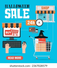 Online shopping concept design flat. Halloween sale. Vector illustration