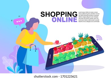 online shopping concept design illustration with fruit and vegetables, E-commerce, customer on the sale. App on mobile phone. Isolated vector illustration in flat style. EPS10.