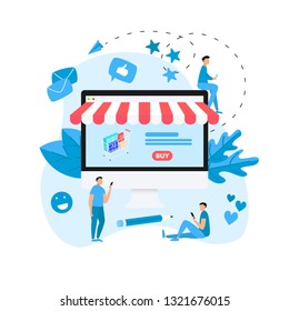 Online shopping concept with desktop, shopping basket and small people, buying online store