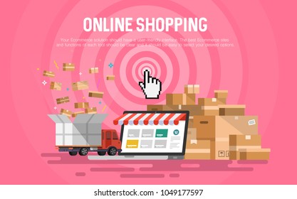 Online shopping concept desktop with computer, truck and postcards. Flat design