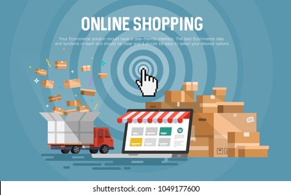 Online shopping concept desktop with computer, truck and postcards. Flat design