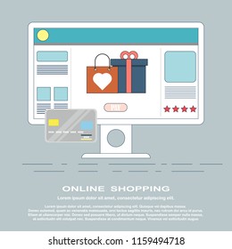 Online shopping concept desktop with computer.