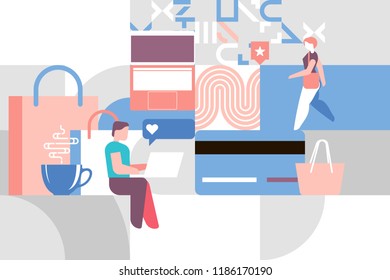 Online shopping concept desktop with computer and paper bag, isometric illustration