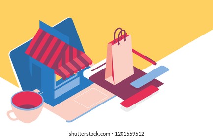 Online shopping concept desktop with computer and paper bag, isometric illustration