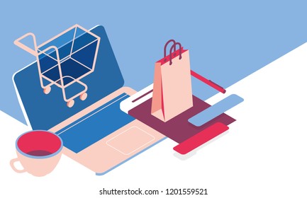 Online shopping concept desktop with computer and paper bag, isometric illustration