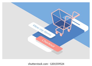 Online shopping concept desktop with computer and paper bag, isometric illustration