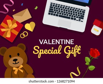 Valentine’s online shopping concept desktop with computer, letter, rose, bear and wedding ring. Flat vector illustration design

