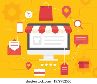 Online shopping concept desktop with computer. E-commerce website purchasing goods via internet online shopping cart. Concept online shopping