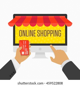 Online shopping concept desktop with computer and credit card in hand of man. On line store. Vector illustration of online shopping and e-commerce. Online store concept in flat style. 