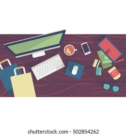 Online shopping concept desktop with computer, table, shopping bags, credit cards, coupons, products, coffee cup, sunglasses, phone. Vector