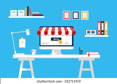 Online shopping concept. Desktop with computer screen buy, table, home interior. Digital Marketing, store, E-commerce, e-shop. Striped awning. Vector cartoon flat illustration for web, mobile app