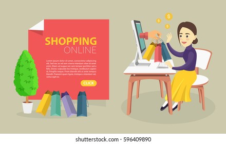 Online shopping concept desktop with computer, table, shopping bags, 