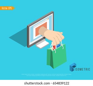 Online shopping concept desktop with computer. Vector isometric illustration.