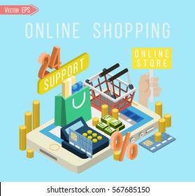 Online shopping concept desktop with telephone, shopping bags, credit cards, coupons and products, shopping mobile