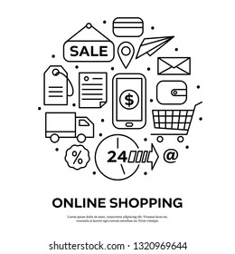 Online shopping concept with differint thin line icons. Vector illustration in flat style on white background. 