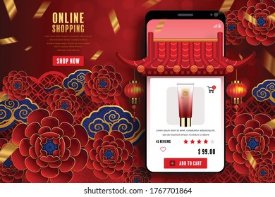 Online shopping concept digital marketing on website and mobile application. Chinese new year 2021 year of the ox with craft style on background.
   