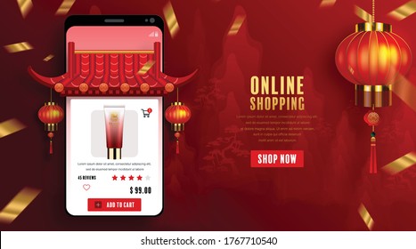 Online shopping concept digital marketing on website and mobile application. Chinese new year 2021 year of the ox with craft style on background.
   