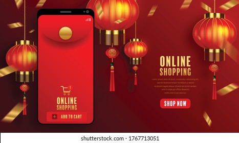 Online shopping concept digital marketing on website and mobile application. Chinese new year 2021 year of the ox with craft style on background.
   