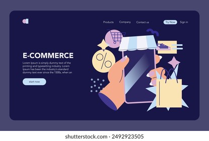 Online shopping concept. A digital tablet displaying various symbols of e-commerce, such as a shopping cart and discount tag. Vector illustration.