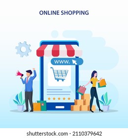 Online shopping concept. e-commerce concept, buying online store, online application store. Flat vector template Style Suitable for Web Landing Page.