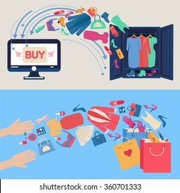 Online Shopping Concept. E-commerce, buying, mobile marketing in vector