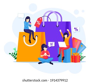 Online shopping concept, E-commerce with characters. Online Shopping concept flat vector illustration