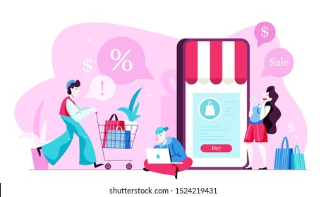 Online shopping concept. E-commerce, customer on the sale. App on mobile phone. Isolated vector illustration in flat style