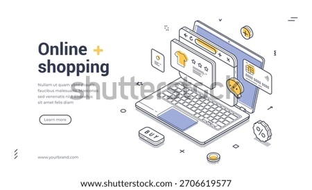 Online shopping concept for ecommerce, digital retail, and payment technology with laptop, credit card, and cart. Modern isometric web banner vector template for website and application