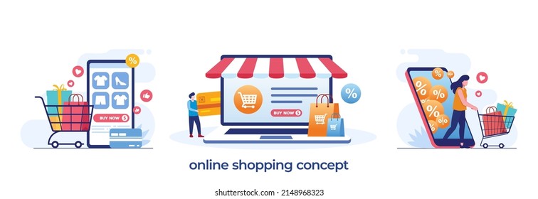 online shopping concept, e-commerce, flash sale, discount, payment cashless, digital, flat illustration vector