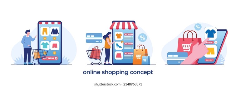 online shopping concept, e-commerce, flash sale, discount, payment cashless, digital, flat illustration vector