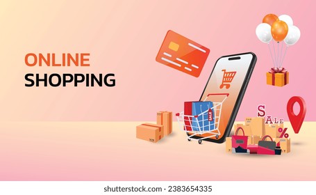 online shopping concept, e-commerce, flash sale, discount, payment cashless, digital, flat illustration vector, the concept of online shopping on social media app, Shopping Online on Website or Mobile
