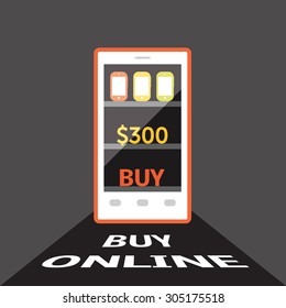 Online shopping concept. E-commerce flat vector illustration. Buy online cartoon picture. Smartphone stylized as a store with telephones on shelves. 