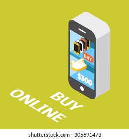 Online shopping concept. E-commerce flat isometric vector illustration. Buy online cartoon picture. Smartphone stylized as a store with telephones on shelves. 