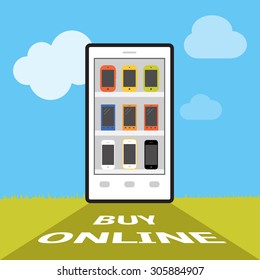 Online shopping concept. E-commerce flat vector illustration. Buy online cartoon picture. Smartphone stylized as a storefront with telephones on shelves. 