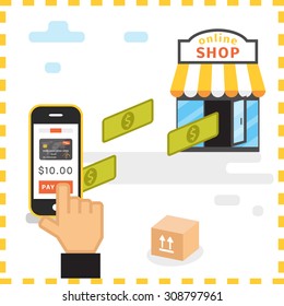 Online shopping concept. E-commerce flat vector illustration. Buy on line cartoon picture. Customer paying for item online. Money sending from smartphone to on-line shop.