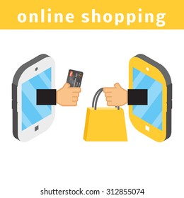 Online shopping concept. E-commerce flat vector illustration. Buy online cartoon picture. Two smart phones with hands holding credit card and shopping bag.