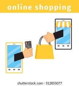 Online shopping concept. E-commerce flat vector illustration. Buy online cartoon picture. Two smart phones with hands holding credit card and shopping bag.
