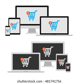 Online shopping concept. E-commerce on tablet, laptop, computer and smartphone. Shopping cart icon. Isolated devices on white background.