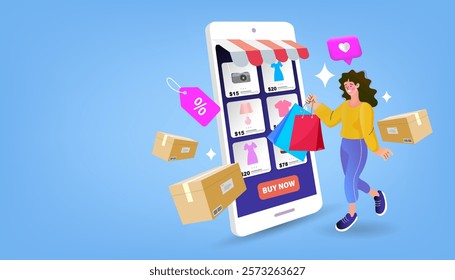 Online shopping  concept. e-commerce retail on device for customer application. Discount for woman smart purchasing. Internet shop, mobile store app and marketplace. vector illustration.