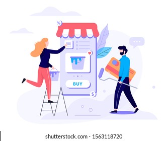 Online shopping concept. E-commerce, two female and male customer choosing repair tools, paint, kit. Web page design. Internet marketing. Isolated vector illustration in flat style