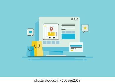 Online shopping concept, eCommerce website marketing, Social media likes, share, eCommerce shopping experience, online payment gateway - vector illustration with icons