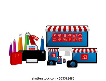 Online shopping concept of electronic devices set of desktop computer, laptop, tablet, mobile phone, camera, watch and printer isolated on white background