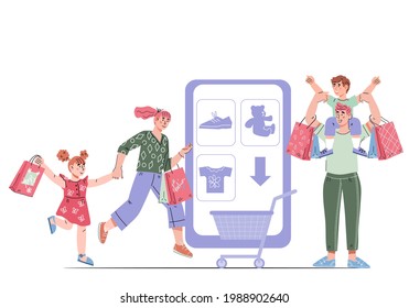 Online shopping concept with family next to smartphone, cartoon vector illustration isolated on white background. Family buying goods online in internet store. E-commerce and internet marketing.