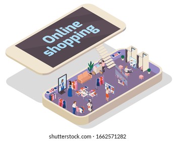 Online shopping concept with fashion clothing store symbols vector illustration