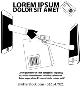 Online shopping concept. Fast delivery. Two mobile phone with hands holding credit card and shopping bags.