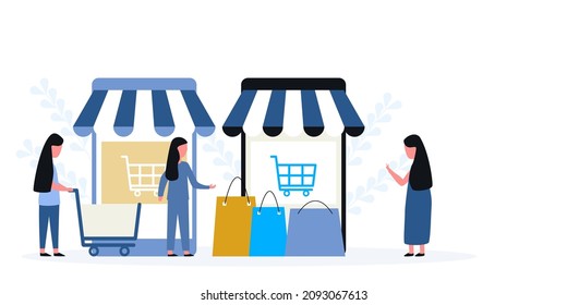 Online shopping concept, Female Characters Buying online Things and Presents for Holidays.