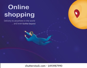 Online Shopping Concept Flat Cartoon Banner Vector Illustration. Customer Doing Food Order. Express Delivery and E-Commerce. Global Shipping Service. Delivery to anywhere in World.