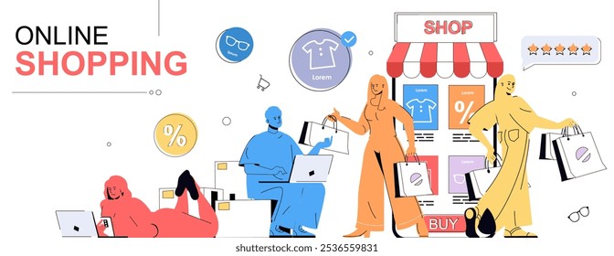 Conceito de compras on-line em design de desenho animado plano para banner da Web. Pessoas com bolsas fazendo compras, solicitando novos produtos usando aplicativo móvel ou site da loja por laptop, deixando feedback. Ilustração vetorial.