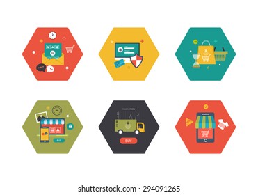 Online shopping concept. Flat design modern vector illustration icons set of mobile marketing, delivery and secure online shopping. Illustration for web and mobile phone services and apps